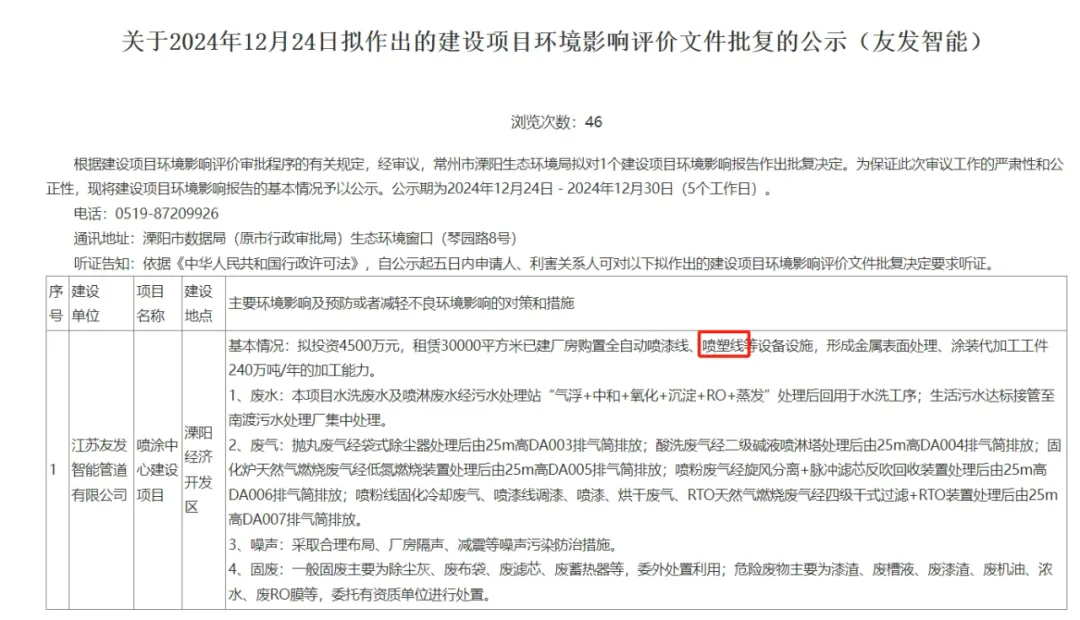 拟投资4500万元！新建喷涂中心建设项目，购置全自动喷塑线等设备设施！